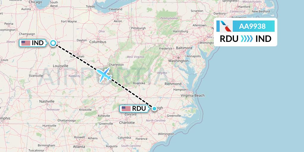 AA9938 American Airlines Flight Map: Raleigh-Durham to Indianapolis