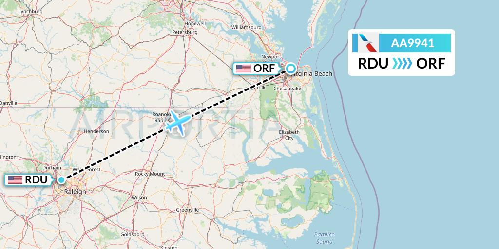 AA9941 American Airlines Flight Map: Raleigh-Durham to Norfolk