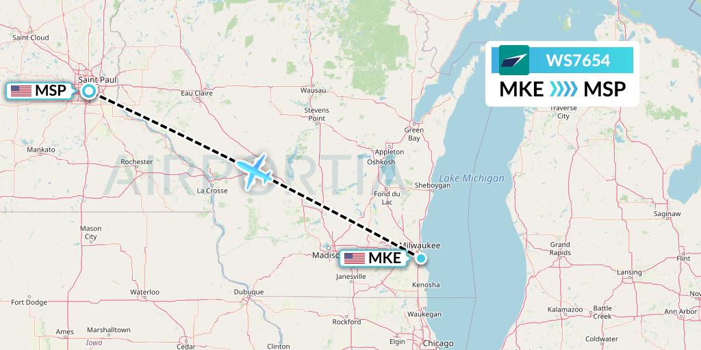 WS7654 WestJet Flight Map: Milwaukee to Minneapolis