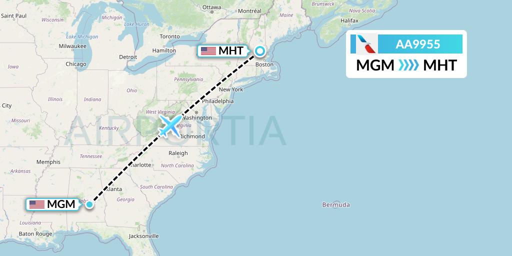 AA9955 American Airlines Flight Map: Montgomery to Manchester