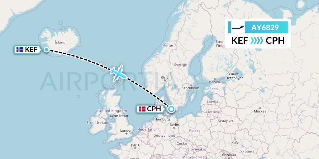 AY6829 Finnair Flight Map: Reykjavik to Copenhagen