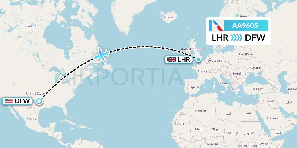 AA9605 American Airlines Flight Map: London to Dallas
