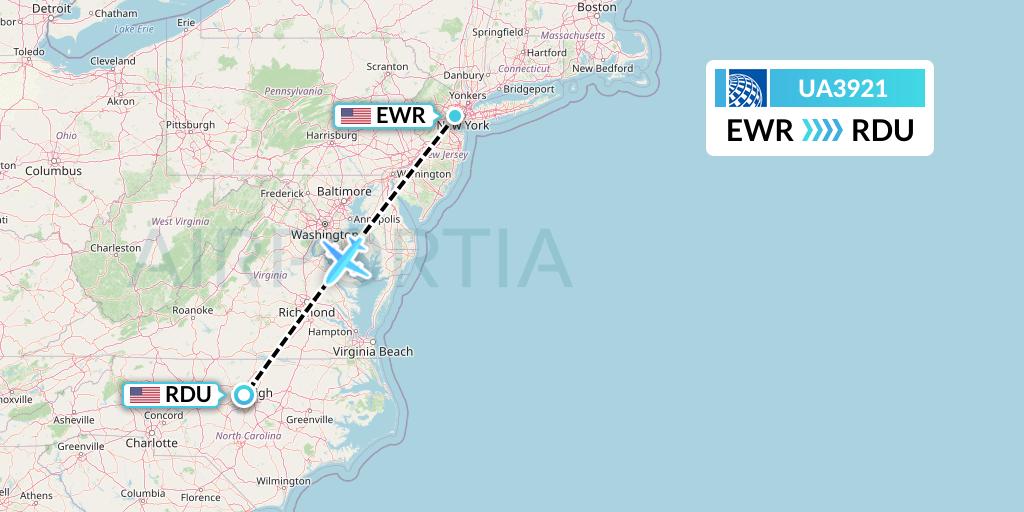 UA3921 United Airlines Flight Map: New York to Raleigh-Durham
