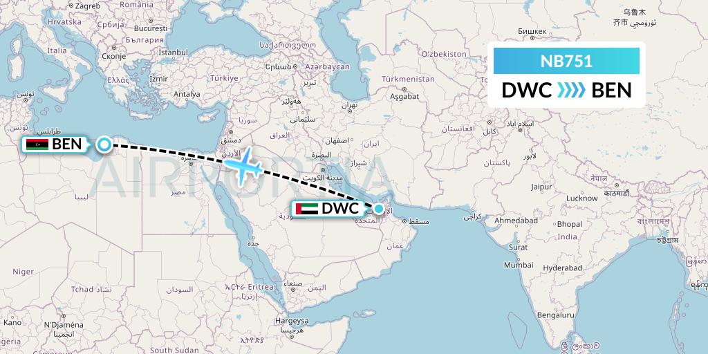 NB751 Berniq Airways Flight Map: Dubai to Benghazi
