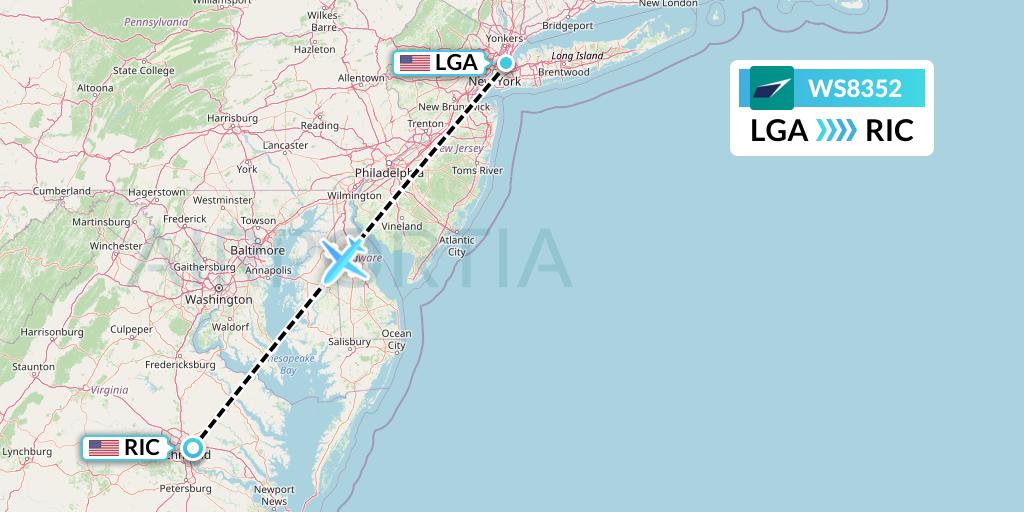 WS8352 WestJet Flight Map: New York to Richmond
