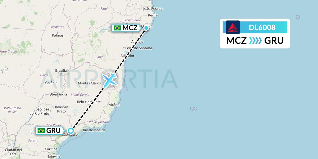 DL6008 Delta Air Lines Flight Map: Maceio to Sao Paulo