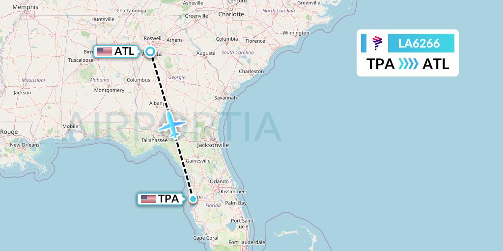 LA6266 LAN Airlines Flight Map: Tampa to Atlanta