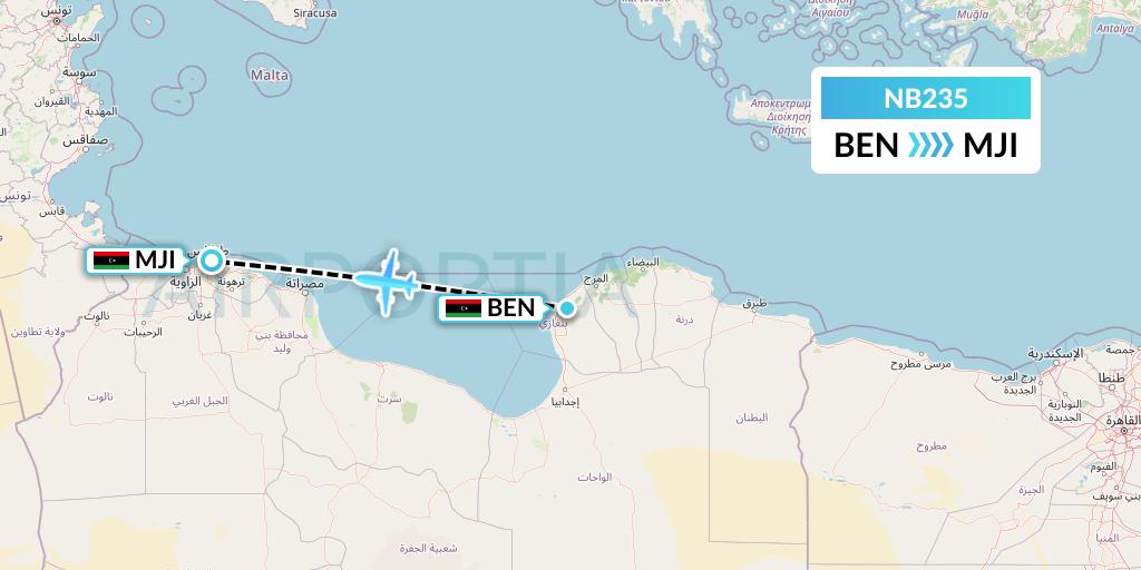 NB235 Berniq Airways Flight Map: Benghazi to Tripoli