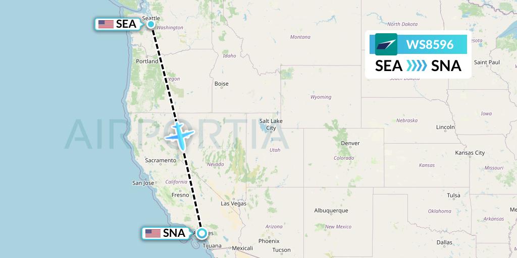 WS8596 WestJet Flight Map: Seattle to Orange County
