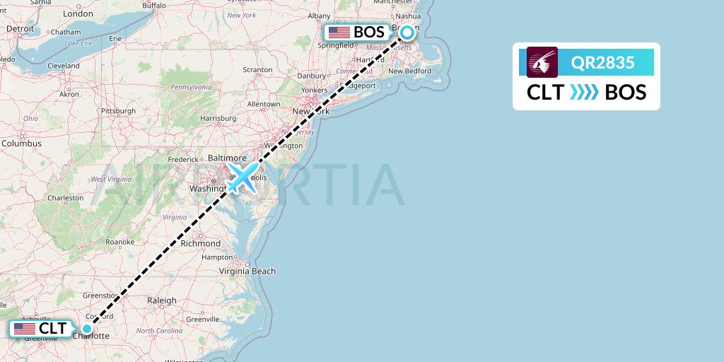 QR2835 Qatar Airways Flight Map: Charlotte to Boston