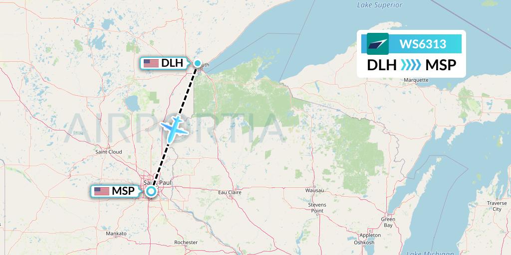 WS6313 WestJet Flight Map: Duluth to Minneapolis