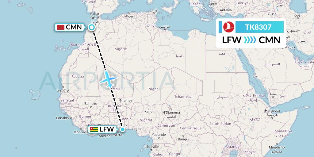 TK8307 Turkish Airlines Flight Map: Lome to Casablanca