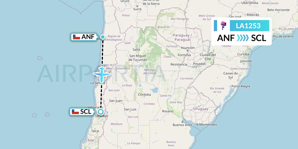 LA1253 LAN Airlines Flight Map: Antofagasta to Santiago