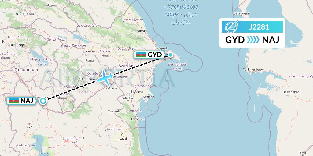 J2281 Azerbaijan Airlines Flight Map: Baku to Nakhchivan