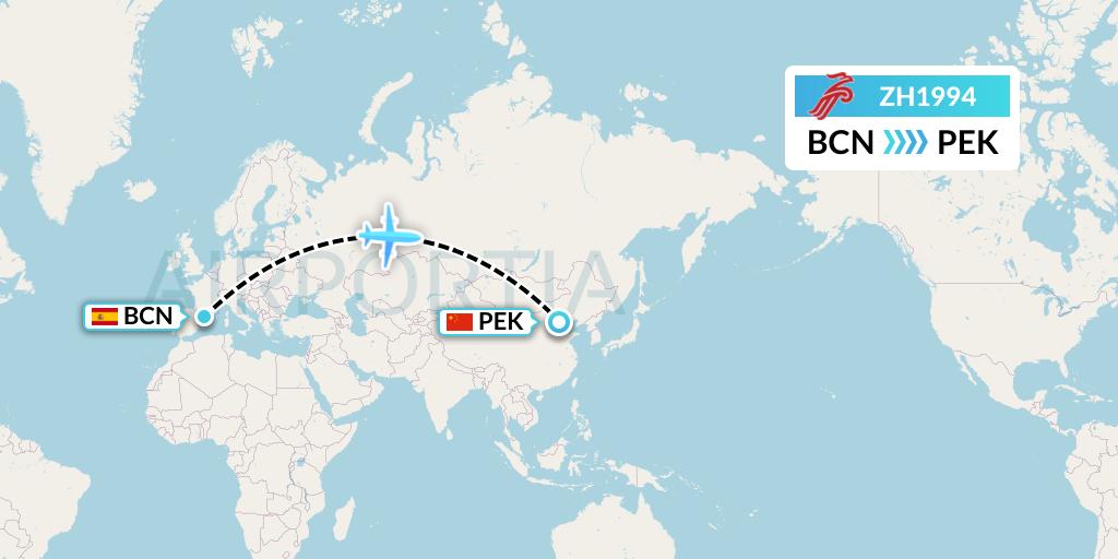 ZH1994 Shenzhen Airlines Flight Map: Barcelona to Beijing