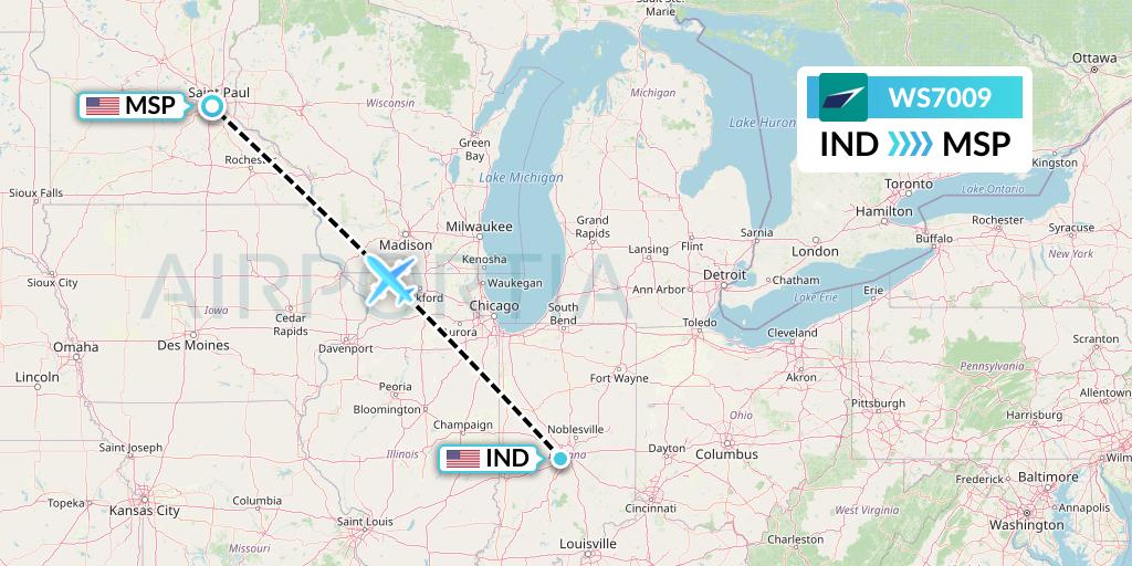 WS7009 WestJet Flight Map: Indianapolis to Minneapolis