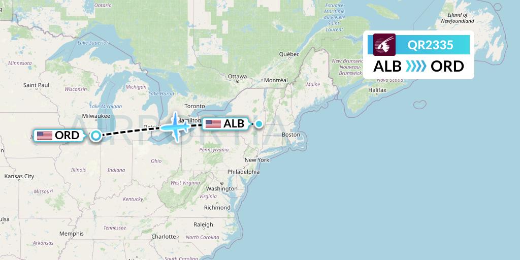 QR2335 Qatar Airways Flight Map: Albany to Chicago