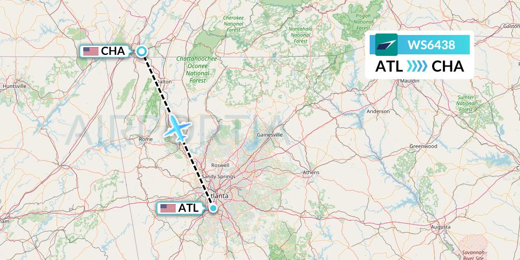 WS6438 WestJet Flight Map: Atlanta to Chattanooga