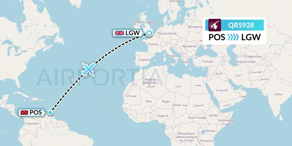 QR5928 Qatar Airways Flight Map: Port of Spain to London