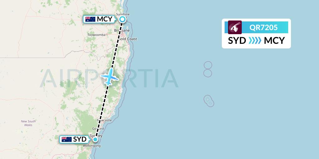 QR7205 Qatar Airways Flight Map: Sydney to Sunshine Coast