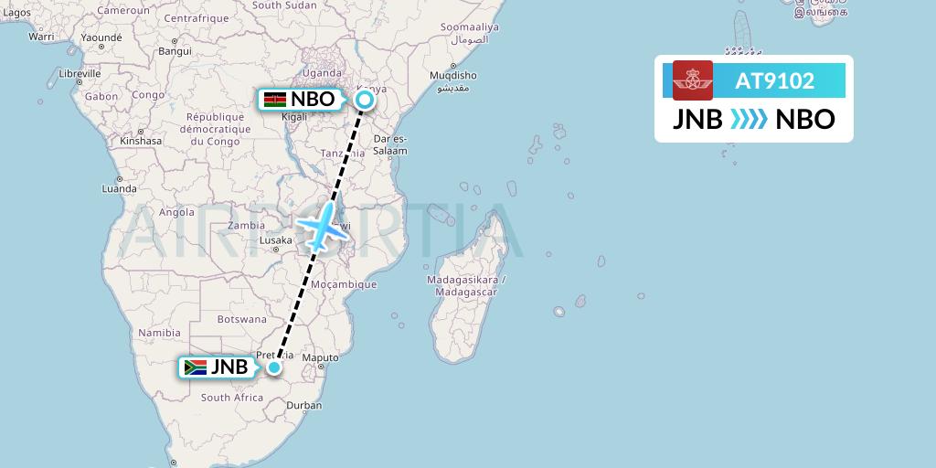 AT9102 Royal Air Maroc Flight Map: Johannesburg to Nairobi