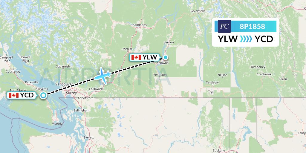 8P1858 Pacific Coastal Airlines Flight Map: Kelowna to Nanaimo