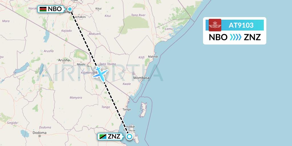 AT9103 Royal Air Maroc Flight Map: Nairobi to Zanzibar