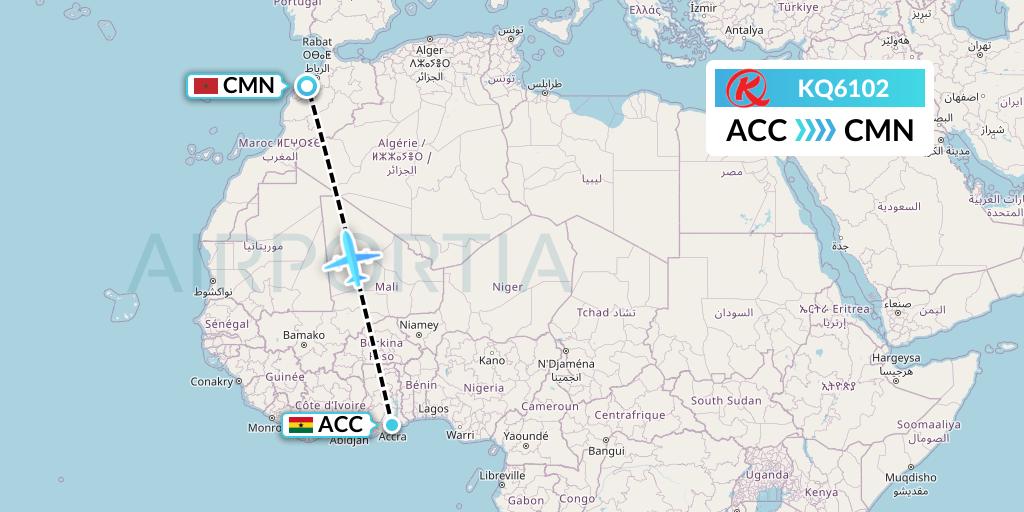 KQ6102 Kenya Airways Flight Map: Accra to Casablanca