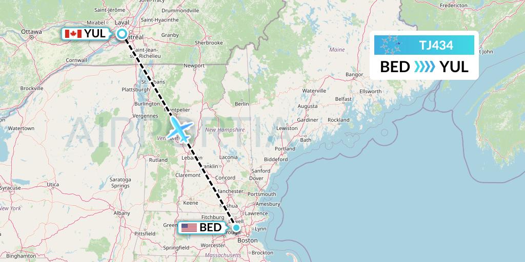 TJ434 Tradewind Aviation Flight Map: Bedford to Montreal