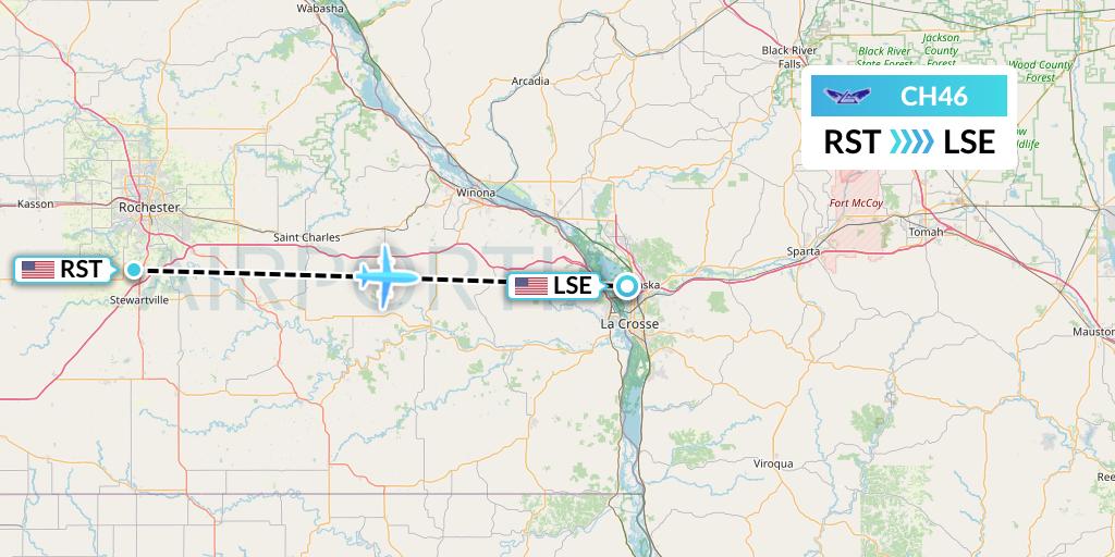 CH46 Bemidji Airlines Flight Map: Rochester to La Crosse