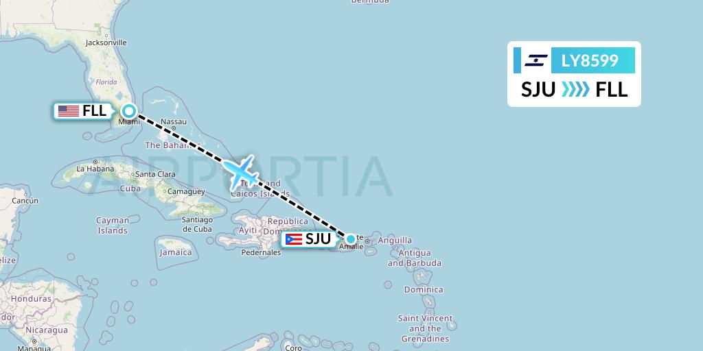 LY8599 El Al Flight Map: San Juan to Fort Lauderdale