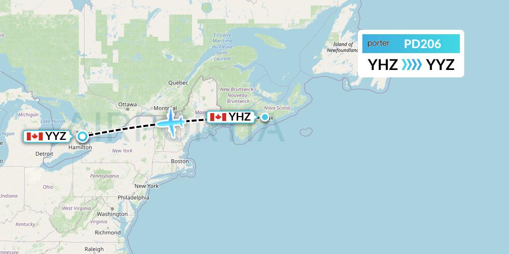 PD206 Porter Airlines Flight Map: Halifax to Toronto