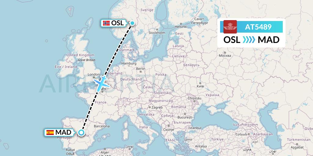 AT5489 Royal Air Maroc Flight Map: Oslo to Madrid