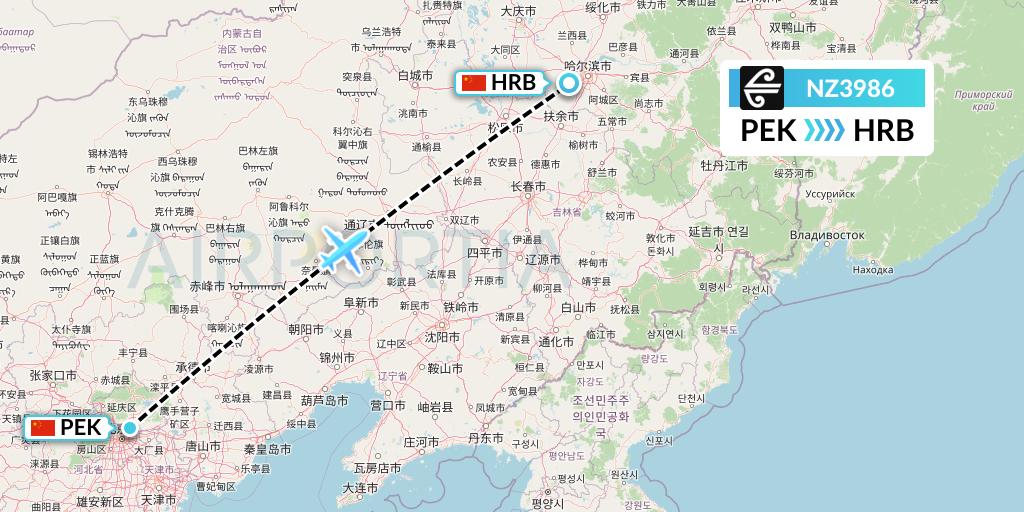 NZ3986 Air New Zealand Flight Map: Beijing to Harbin
