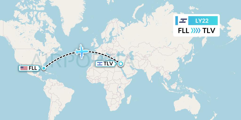 LY22 El Al Flight Map: Fort Lauderdale to Tel Aviv