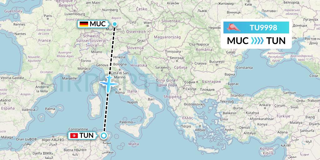 TU9998 Tunisair Flight Map: Munich to Tunis