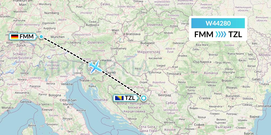 W44280 Wizz Air Malta Flight Map: Memmingen to Tuzla