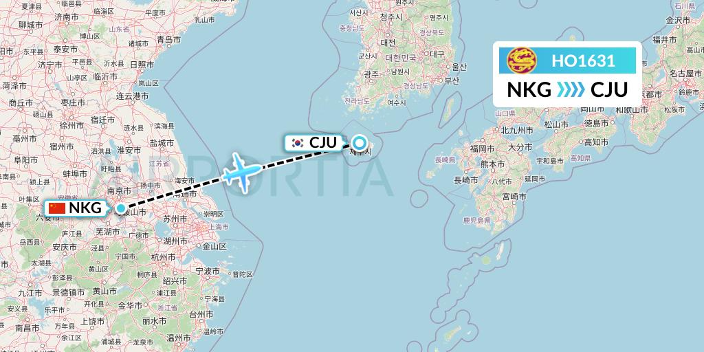 HO1631 Juneyao Airlines Flight Map: Nanjing to Jeju
