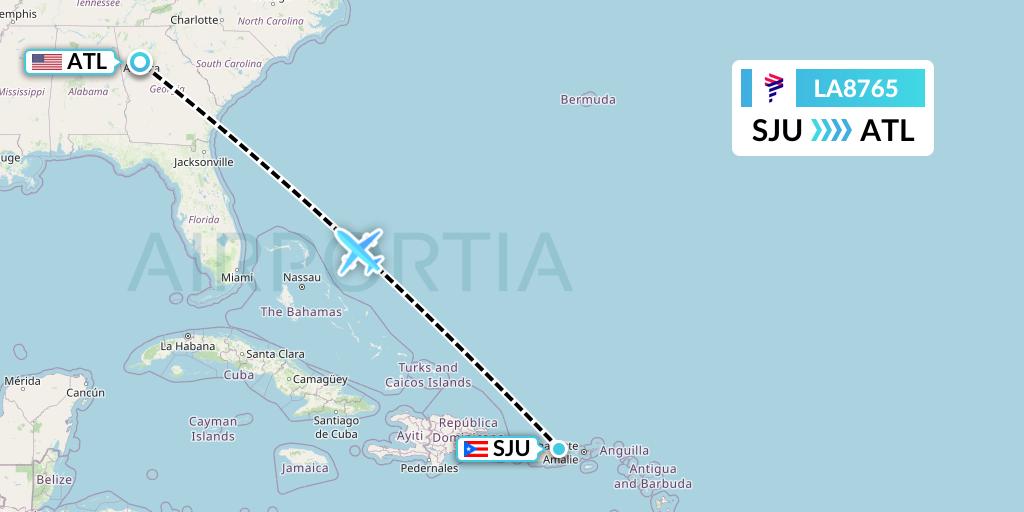 LA8765 LAN Airlines Flight Map: San Juan to Atlanta