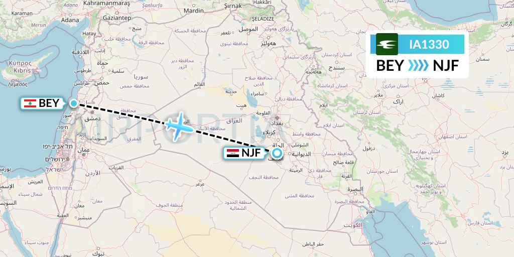 IA1330 Iraqi Airways Flight Map: Beirut to Najaf