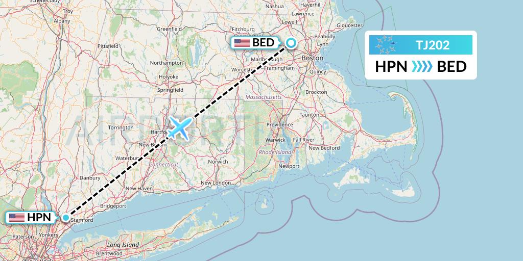 TJ202 Tradewind Aviation Flight Map: White Plains to Bedford