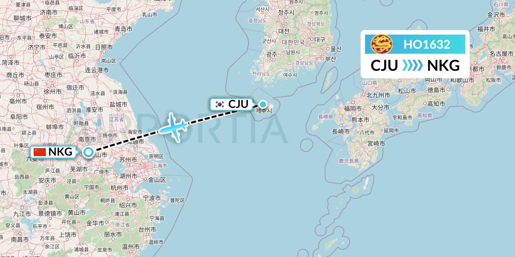 HO1632 Juneyao Airlines Flight Map: Jeju to Nanjing