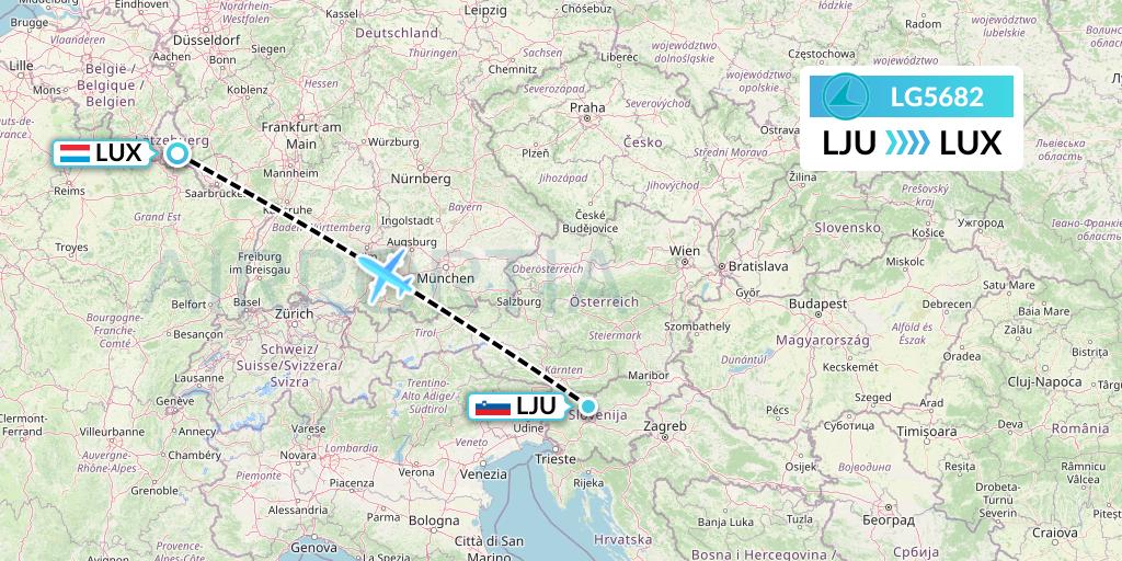 LG5682 Luxair Flight Map: Ljubljana to Luxembourg