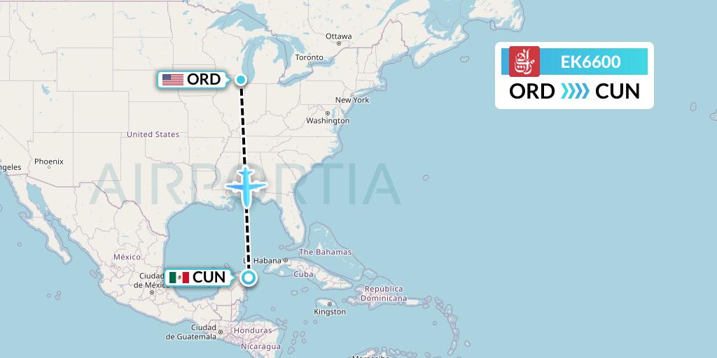 EK6600 Emirates Flight Map: Chicago to Cancun