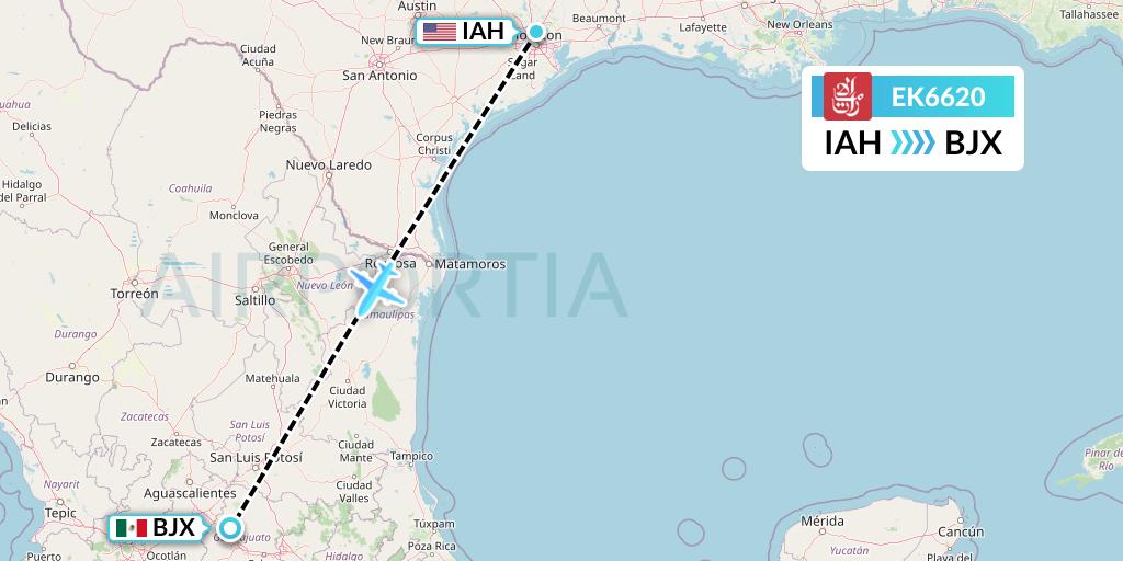 EK6620 Emirates Flight Map: Houston to Silao