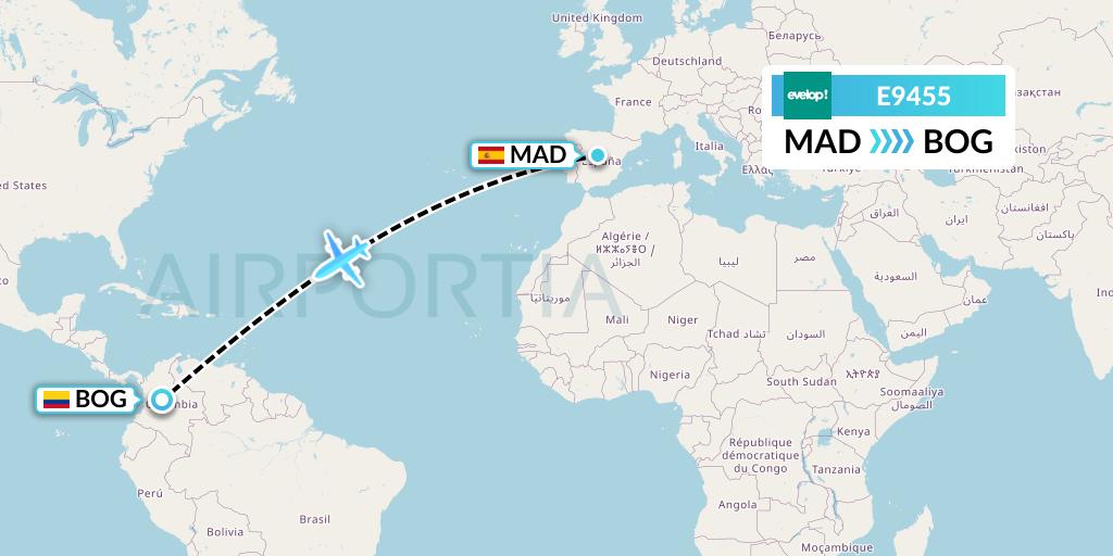E9455 Evelop Airlines Flight Map: Madrid to Bogota