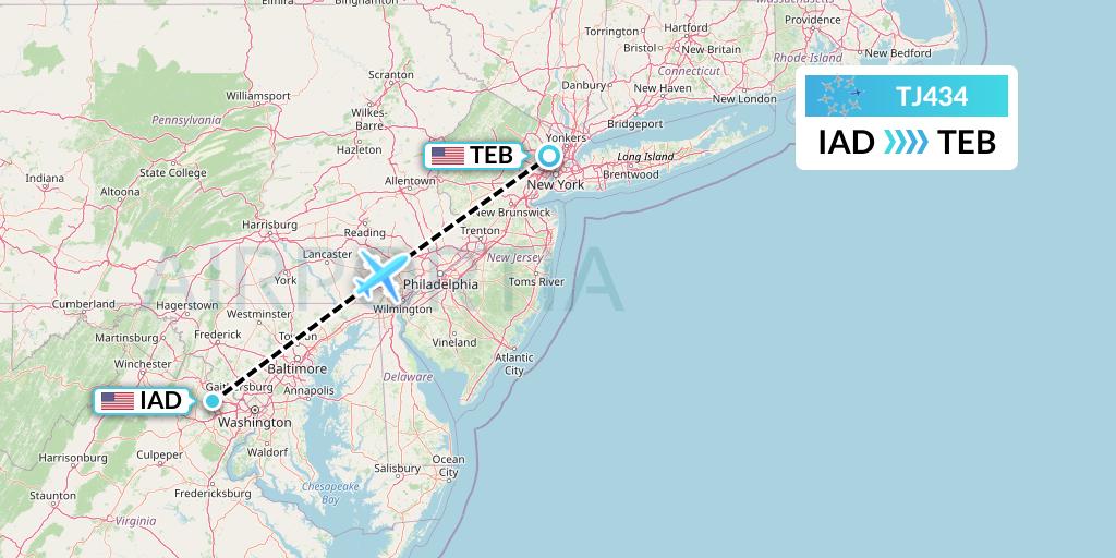 TJ434 Tradewind Aviation Flight Map: Washington to Teterboro