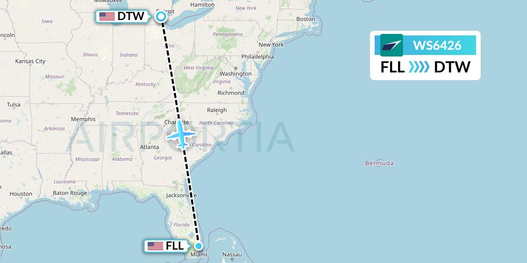 WS6426 WestJet Flight Map: Fort Lauderdale to Detroit