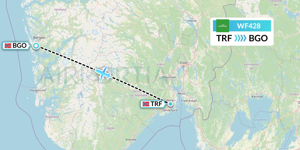 WF428 Wideroe Flight Map: Oslo to Bergen