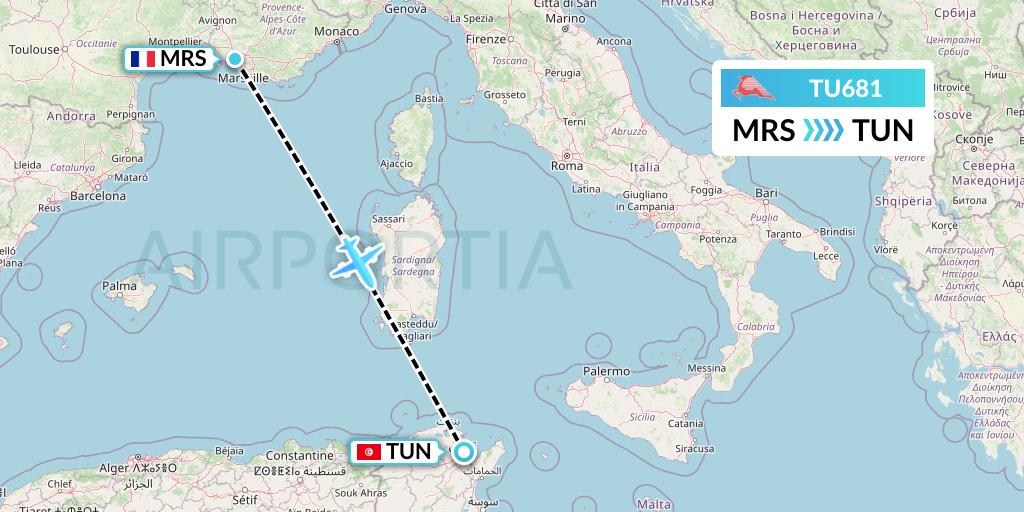 TU681 Tunisair Flight Map: Marseille to Tunis